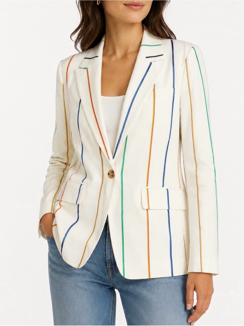 Derek Lam Off-White Linen Blazer with Multicolor Pinstripes
